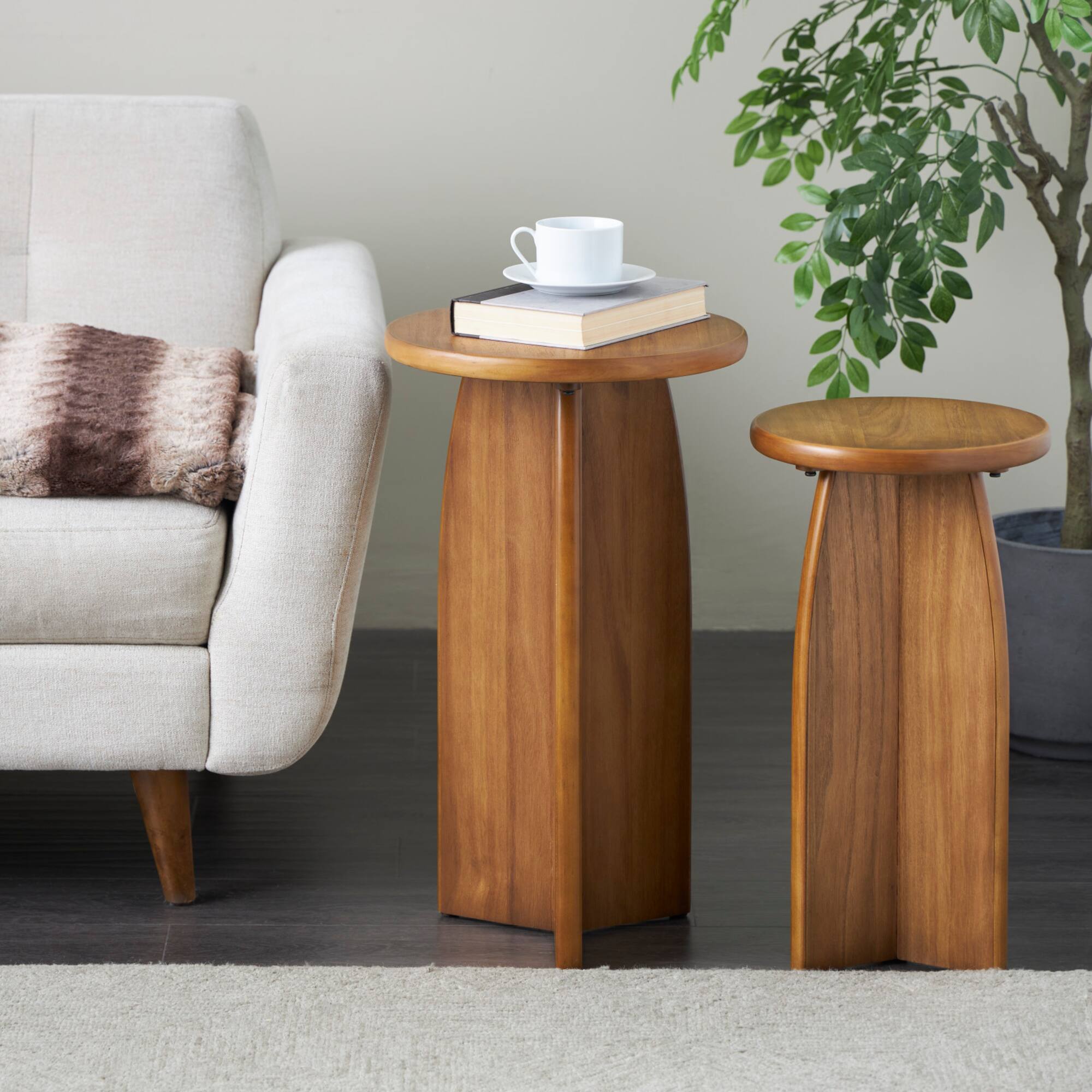 Brown Pedestal Side End Accent Table Set
